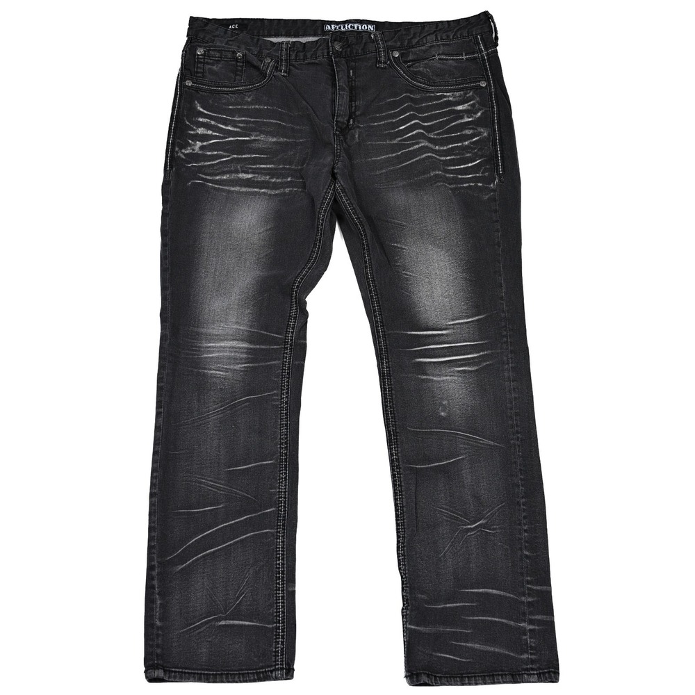 Affliction Jeans Mens 40 (44x33) Black Premium Ace Embroidered Distressed Denim